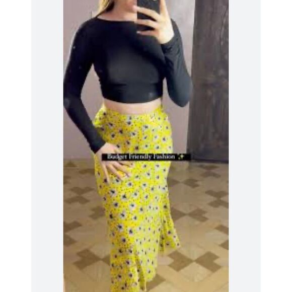 Zara EUC Floral Print A-Line Midi Skirt Yellow Size Size M Bloggers Fav - Picture 9 of 15